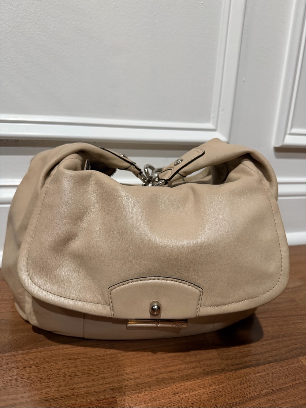 Coach Beige Leather Shoulder Bag with Silver-Tone Hardware